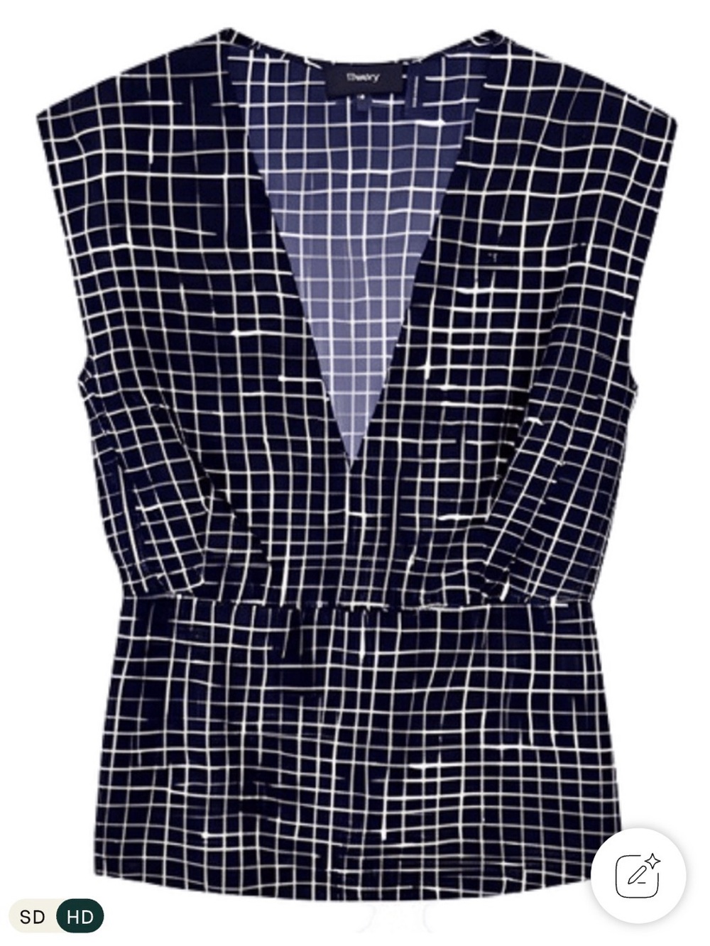 Theory 100% Silk Black and White Grid V-Neck Sleeveless Top